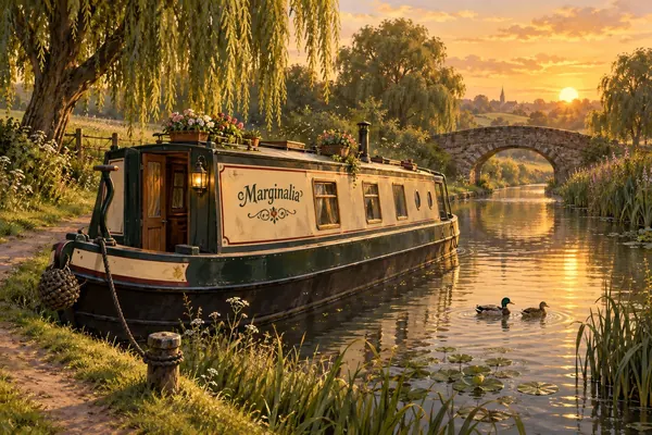Marginalia, Cara’s narrowboat, moored on the canal at golden hour