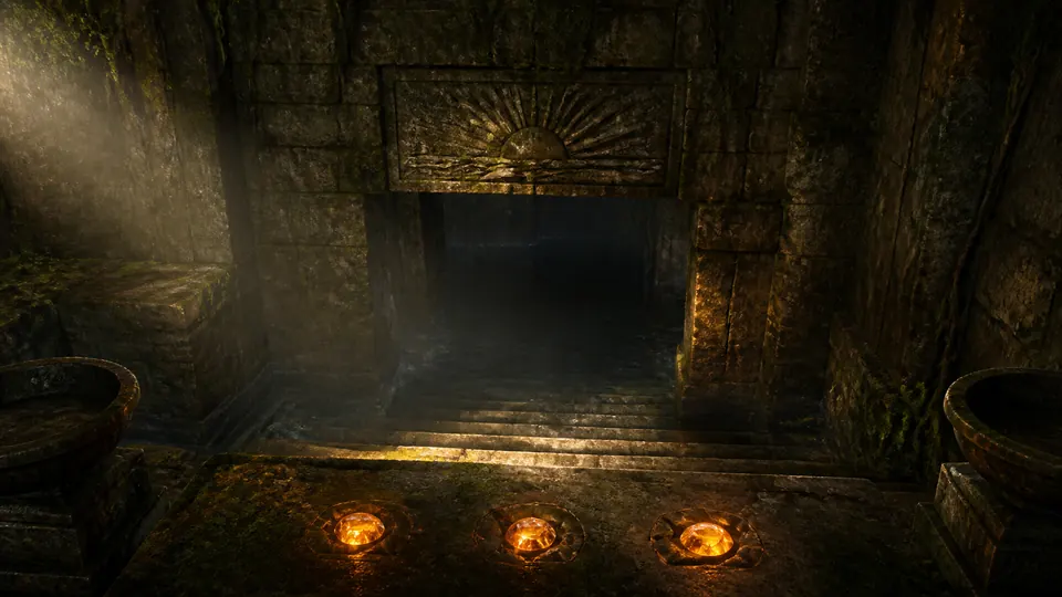 The temple stair descending into black water, three amber stones glowing