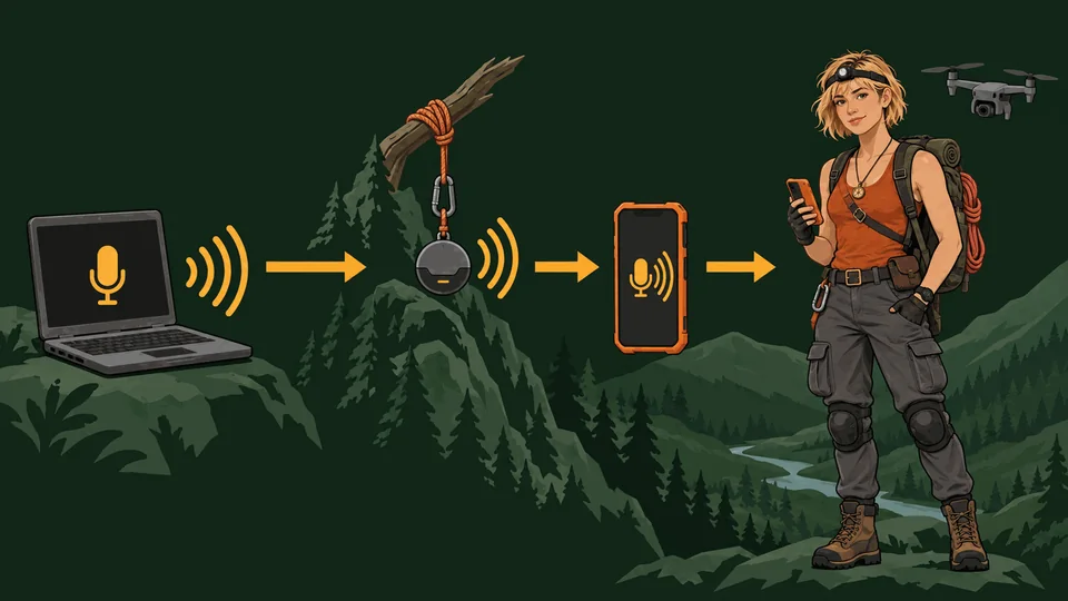 Diagram: a player at a laptop, a relay on a tree, Cara’s orange phone, Cara in the valley